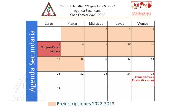 Centro Educativo Miguel Lara Vasallo Agenda Secundaria Febrero 2022