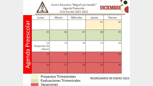 Centro Educativo Miguel Lara Vasallo Agenda Preescolar Diciembre 2022