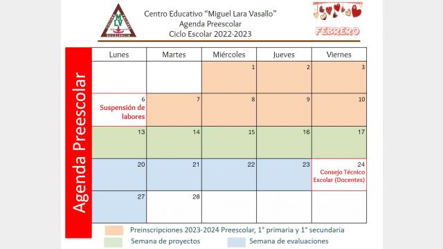 Centro Educativo Miguel Lara Vasallo Agenda Preescolar Febrero 2023