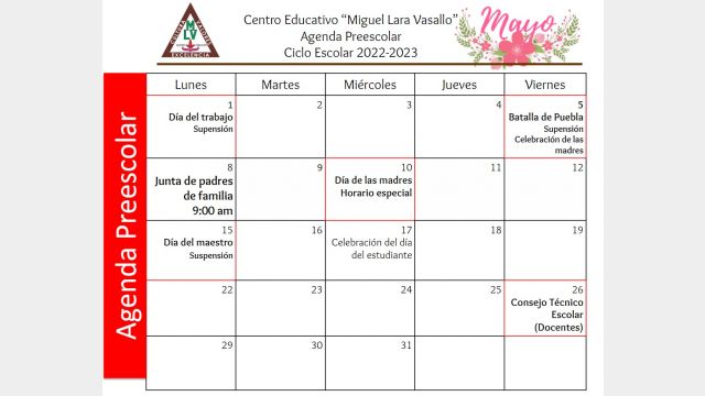 Centro Educativo Miguel Lara Vasallo Agenda Preescolar Mayo 2023