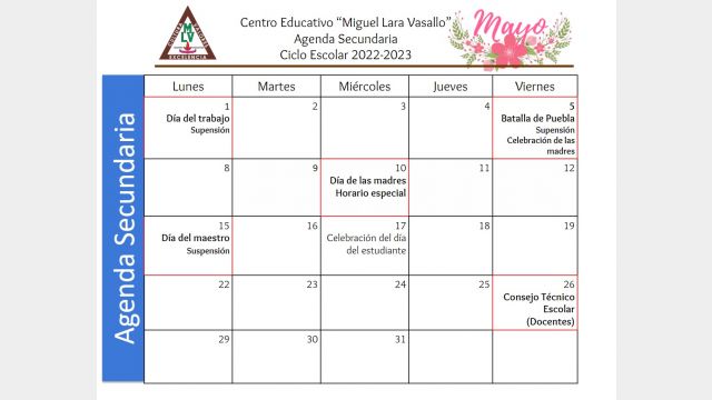 Centro Educativo Miguel Lara Vasallo Agenda Secundaria Mayo 2023