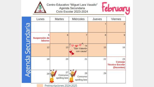 Centro Educativo Miguel Lara Vasallo Agenda Febrero 2024 Secundaria