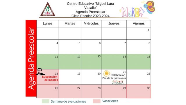 Centro Educativo Miguel Lara Vasallo Agenda Preescolar Marzo 2024