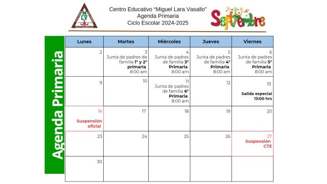 Centro Educativo Miguel Lara Vasallo Agenda Primaria Septiembre 2024