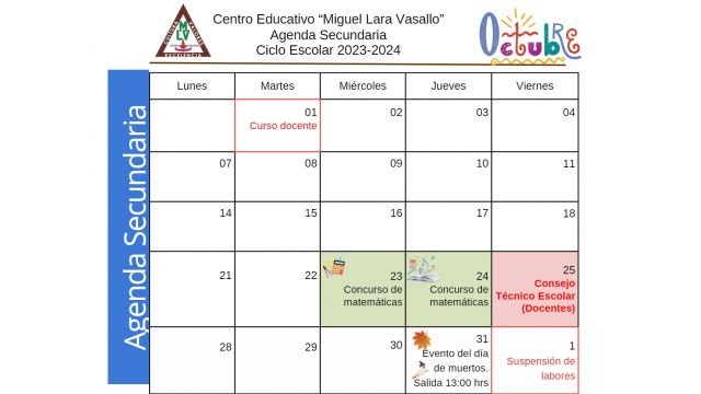 Centro Educativo Miguel Lara Vasallo Agenda Secundaria Octubre 2024