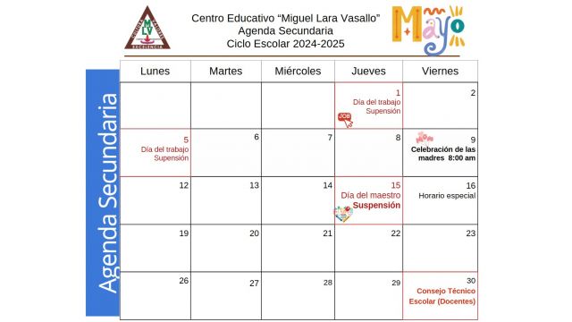 Centro Educativo Miguel Lara Vasallo Agenda Secundaria Mayo 2025