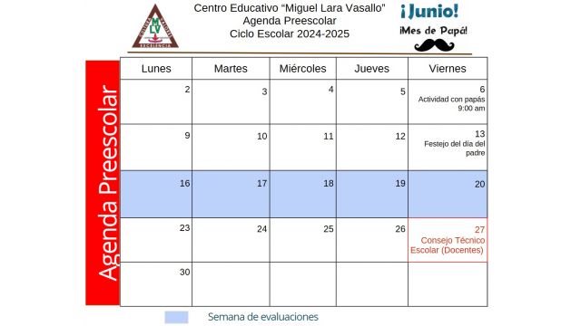 Centro Educativo Miguel Lara Vasallo Agenda Junio 2025 Preescolar