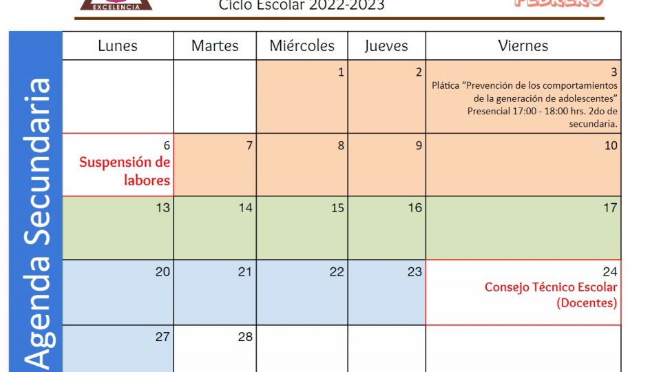 Agenda Secundaria Febrero 2023 Centro Educativo Miguel Lara Vasallo