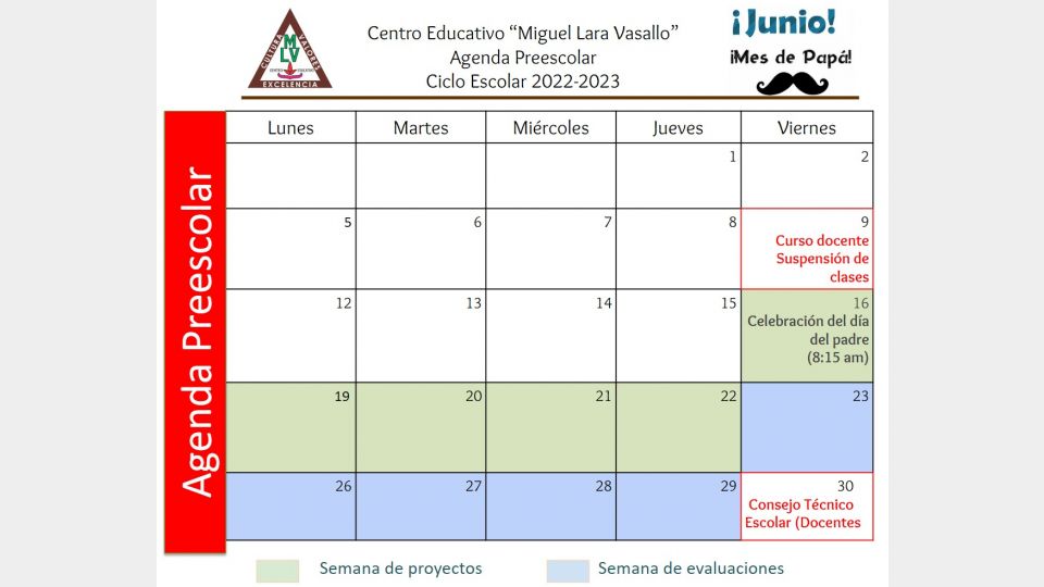 Agenda Preescolar Junio 2023 Centro Educativo Miguel Lara Vasallo