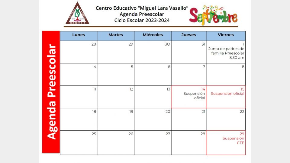 AGENDA SEPTIEMBRE 2023 Centro Educativo Miguel Lara Vasallo