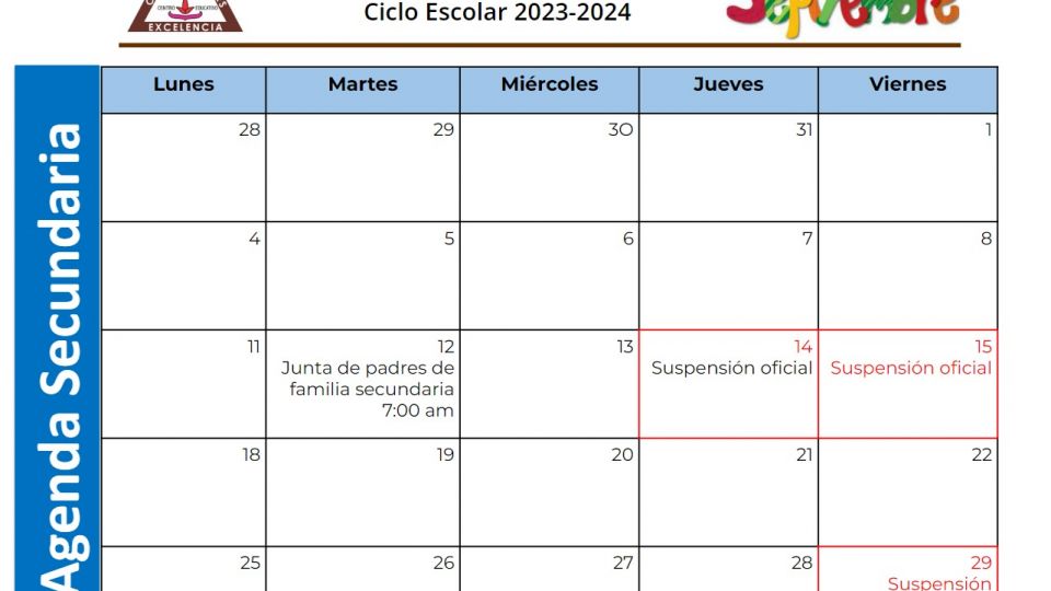 AGENDA SECUNDARIA SEPTIEMBRE 2023 Centro Educativo Miguel Lara Vasallo