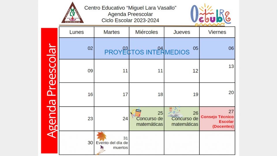 Angenda Preescolar Octubre 2023 Centro Educativo Miguel Lara Vasallo