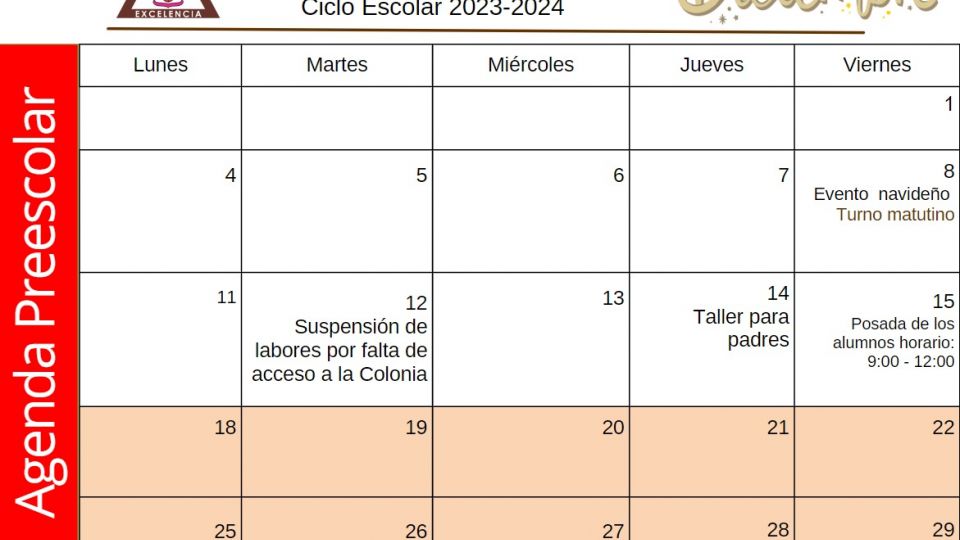 Agenda Preescolar Diciembre 2023 Centro Educativo Miguel Lara Vasallo