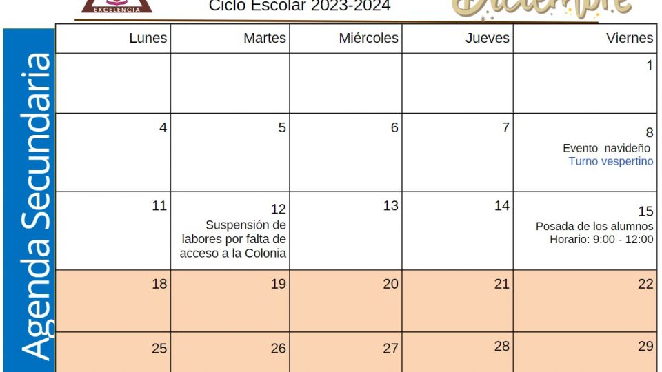 Agenda Secundaria Diciembre 2023 Centro Educativo Miguel Lara Vasallo