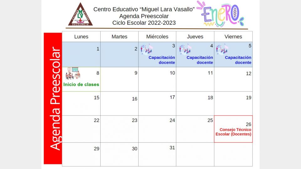 Agenda Preescolar Enero 2024 Centro Educativo Miguel Lara Vasallo
