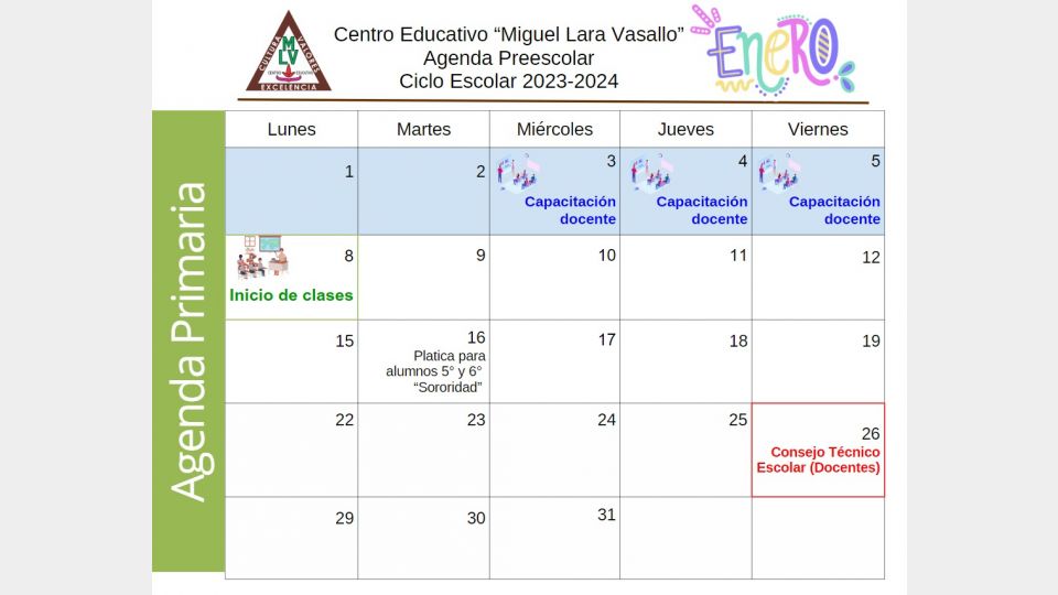 Agenda Primaria Enero 2024 Centro Educativo Miguel Lara Vasallo