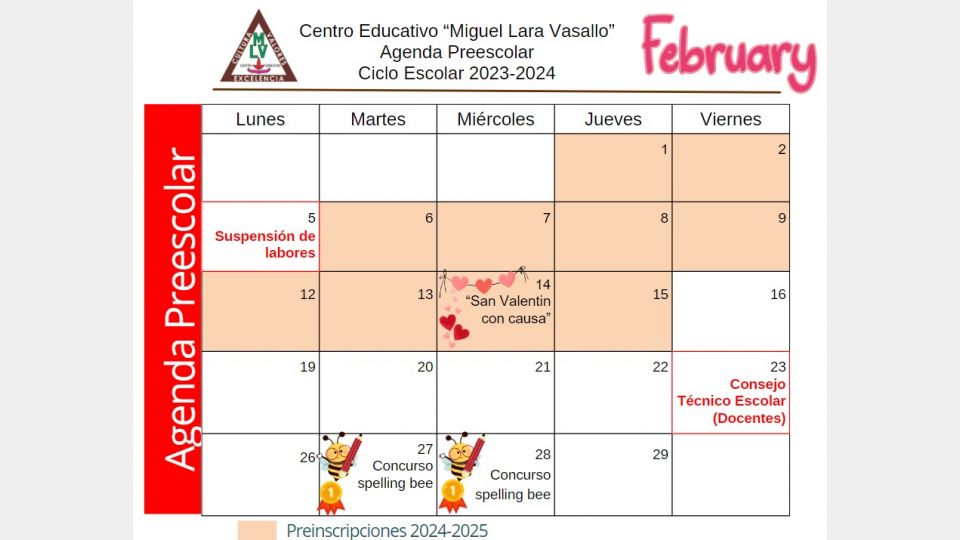 Agenda Febrero 2024 Preescolar Centro Educativo Miguel Lara Vasallo