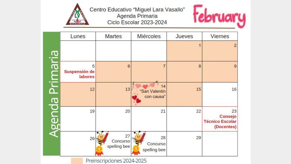 Agenda Febrero 2024 Primaria Centro Educativo Miguel Lara Vasallo