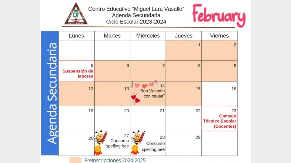 Agenda Febrero 2024 Secundaria Centro Educativo Miguel Lara Vasallo