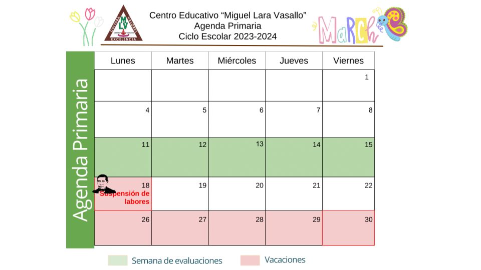 Agenda Primaria Marzo 2024 Centro Educativo Miguel Lara Vasallo