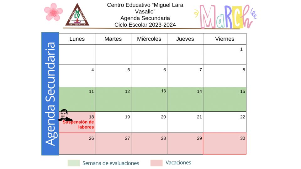 Agenda Secundaria Marzo 2024 Centro Educativo Miguel Lara Vasallo