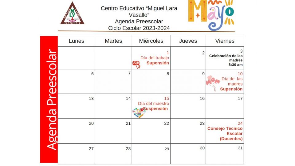 Agenda Preescolar Mayo 2024 Centro Educativo Miguel Lara Vasallo
