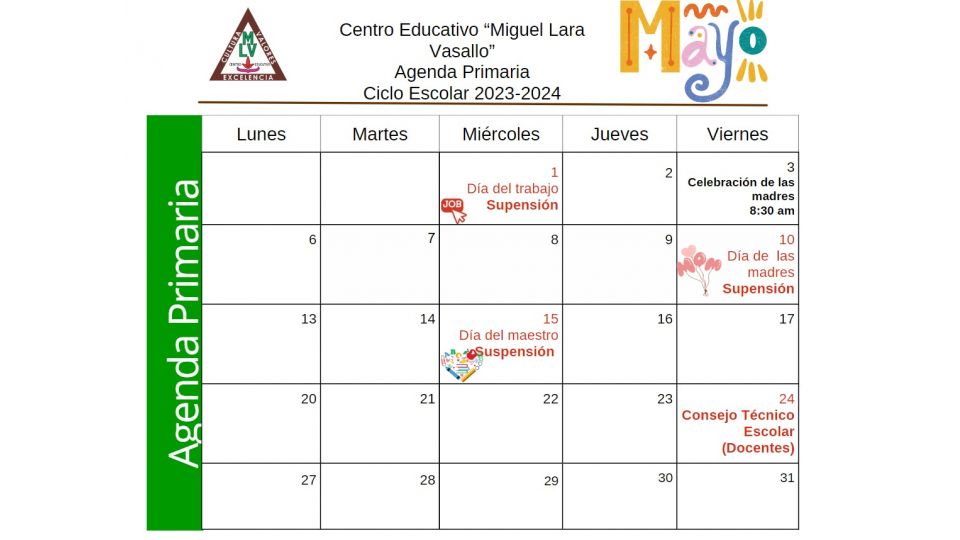 Agenda Primaria Mayo 2024 Centro Educativo Miguel Lara Vasallo
