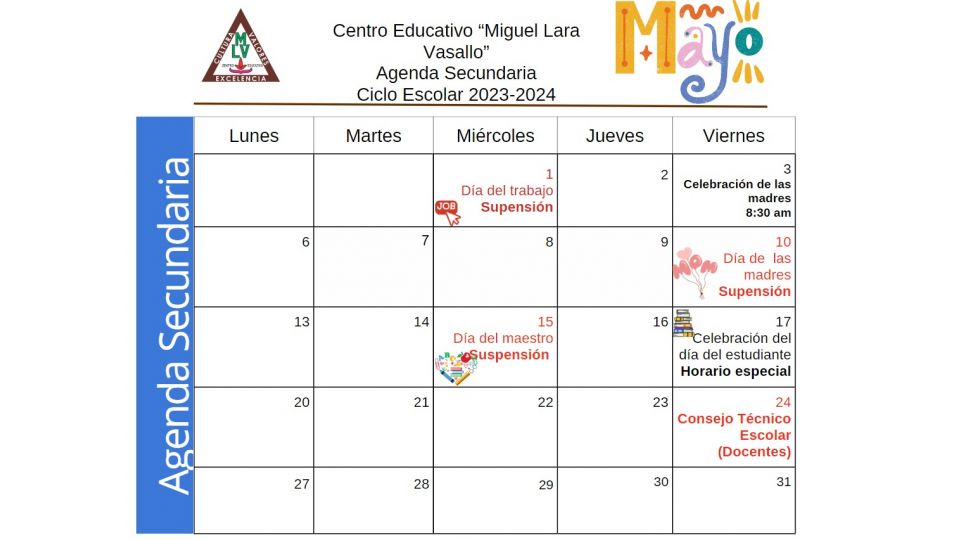 Agenda Secundaria Mayo 2024 Centro Educativo Miguel Lara Vasallo