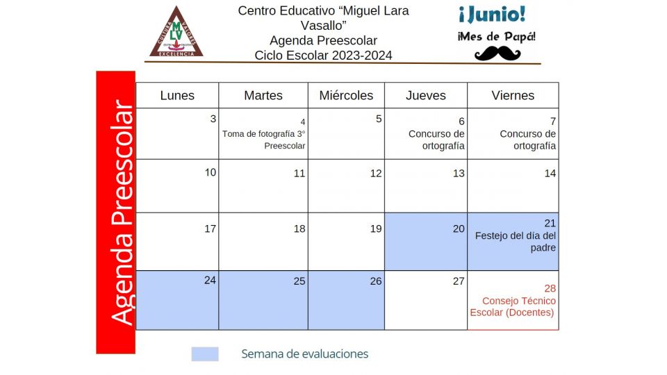 Agenda Junio 2024 Preescolar Centro Educativo Miguel Lara Vasallo