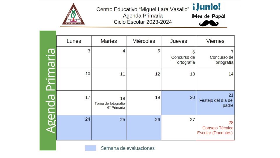 Agenda Primaria Junio 2024 Centro Educativo Miguel Lara Vasallo