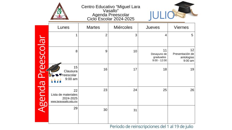 Agenda Julio 2024 Preescolar Centro Educativo Miguel Lara Vasallo