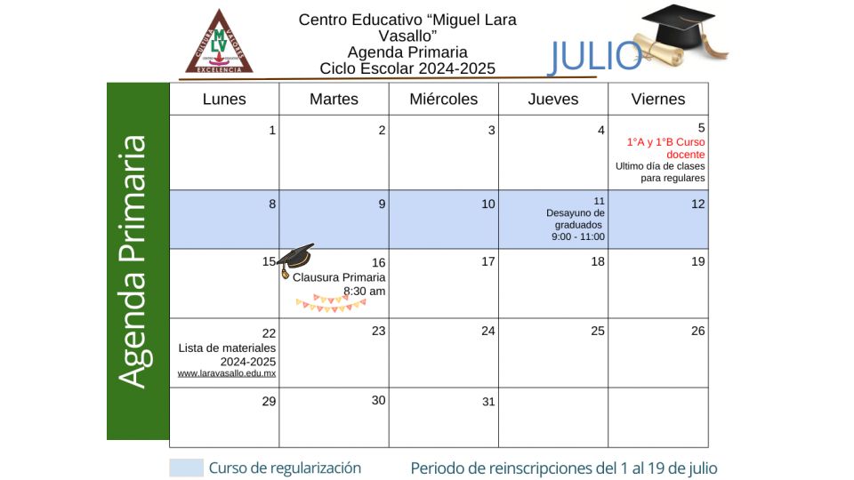 Agenda Julio 2024 Primaria Centro Educativo Miguel Lara Vasallo