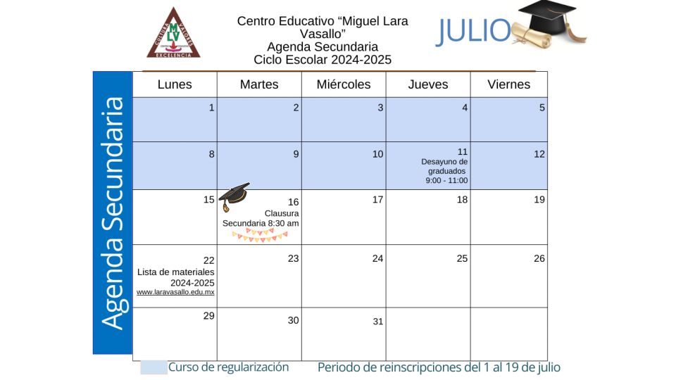 Agenda Julio 2024 Secundaria Centro Educativo Miguel Lara Vasallo