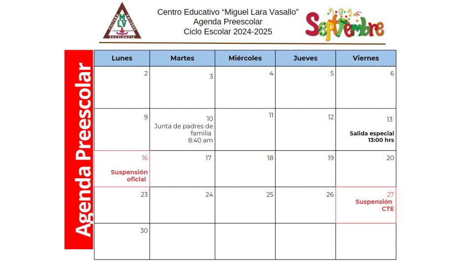 Agenda Preescolar Septiembre 2024 Centro Educativo Miguel Lara Vasallo