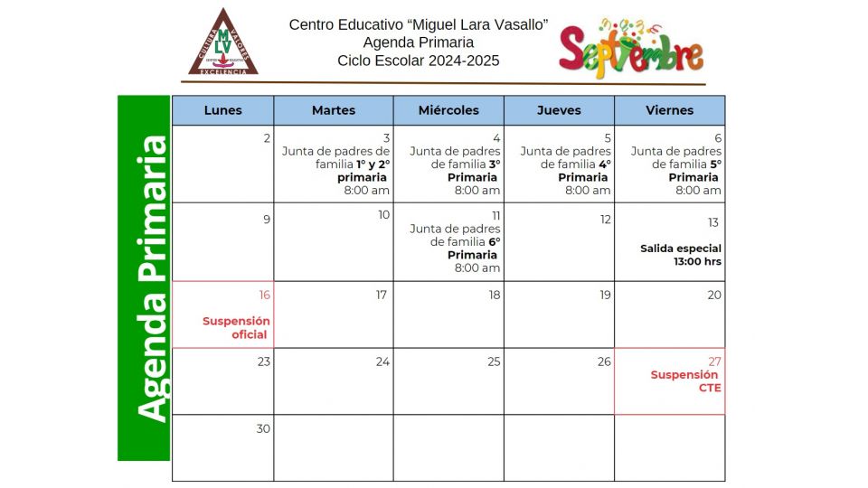 Agenda Primaria Septiembre 2024 Centro Educativo Miguel Lara Vasallo