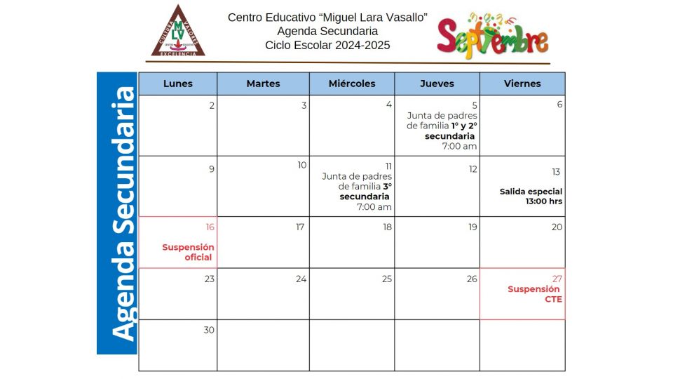 Agenda Secundaria Septiembre 2024 Centro Educativo Miguel Lara Vasallo