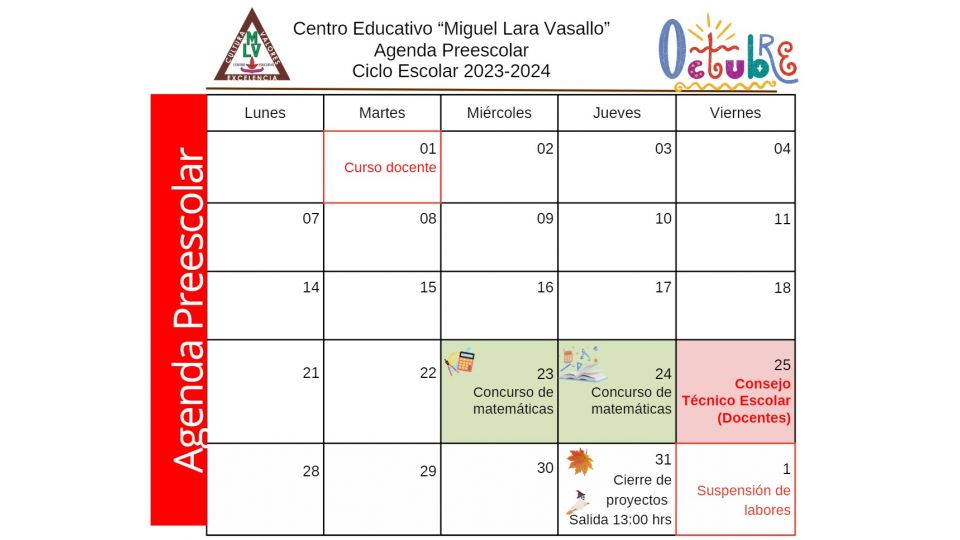 Agenda Preescolar Octubre 2024 Centro Educativo Miguel Lara Vasallo