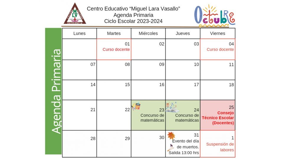 Agenda Primaria Octubre 2024 Centro Educativo Miguel Lara Vasallo