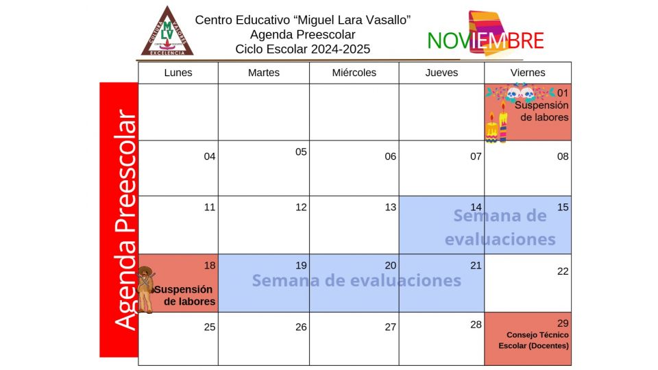 Agenda Preescolar Noviembre 2024 Centro Educativo Miguel Lara Vasallo
