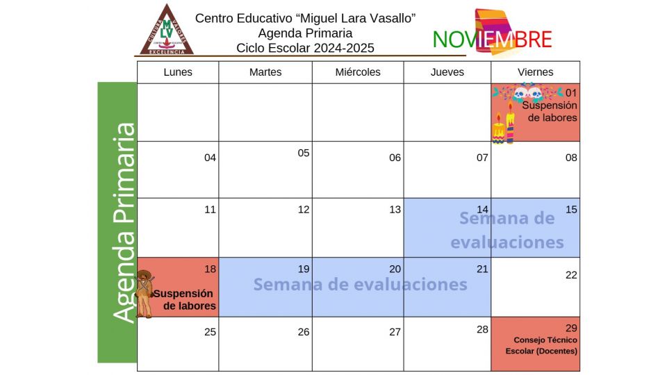 Agenda Primaria Noviembre 2024 Centro Educativo Miguel Lara Vasallo