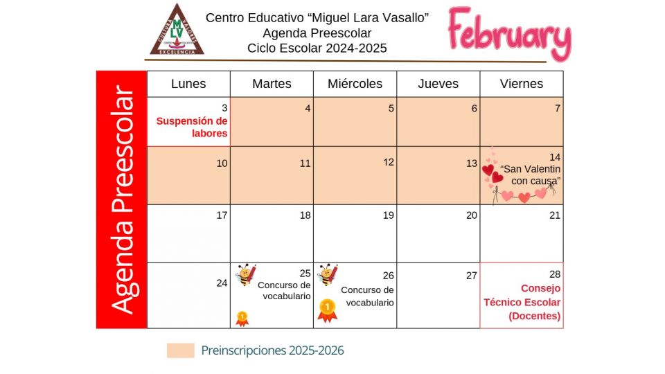 Agenda Preescolar Febrero 2025 Centro Educativo Miguel Lara Vasallo
