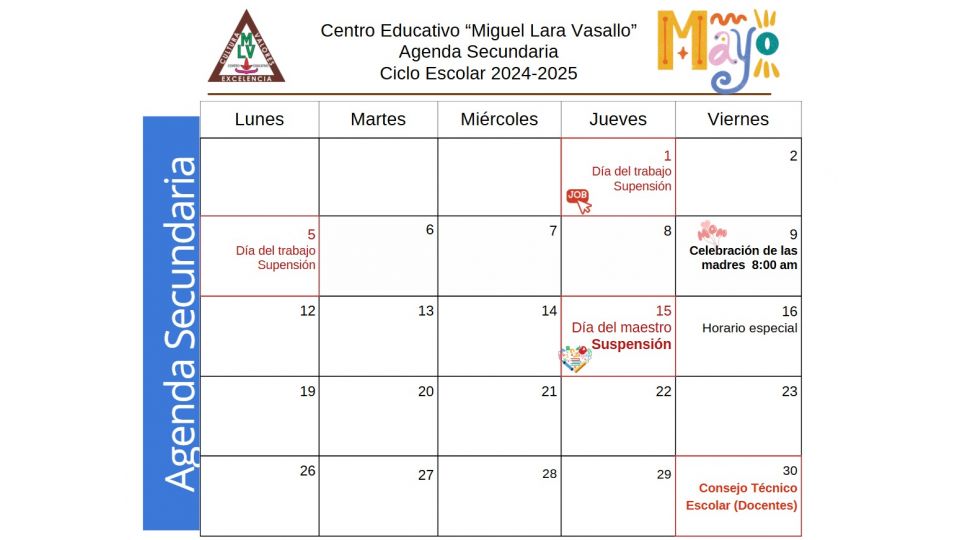 Agenda Secundaria Mayo 2025 Centro Educativo Miguel Lara Vasallo