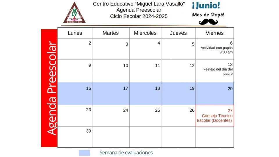 Agenda Junio 2025 Preescolar Centro Educativo Miguel Lara Vasallo