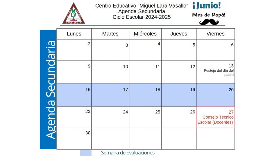 Agenda Junio 2025 Secundaria Centro Educativo Miguel Lara Vasallo